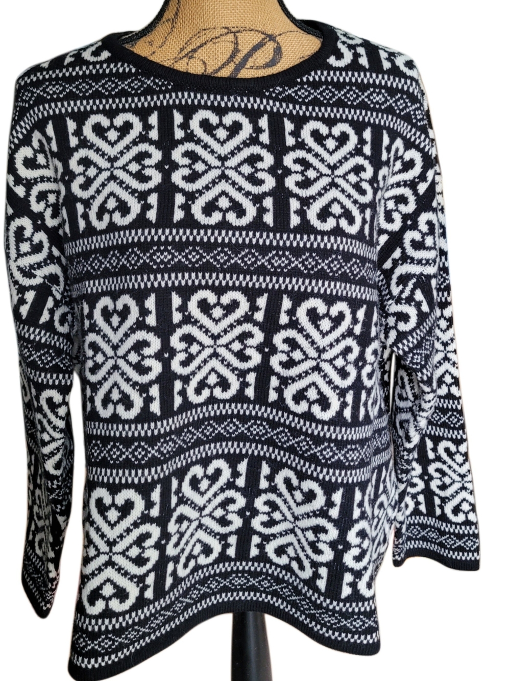 J. Jill Black and White Celtic Heart Motif Crewneck Sweater